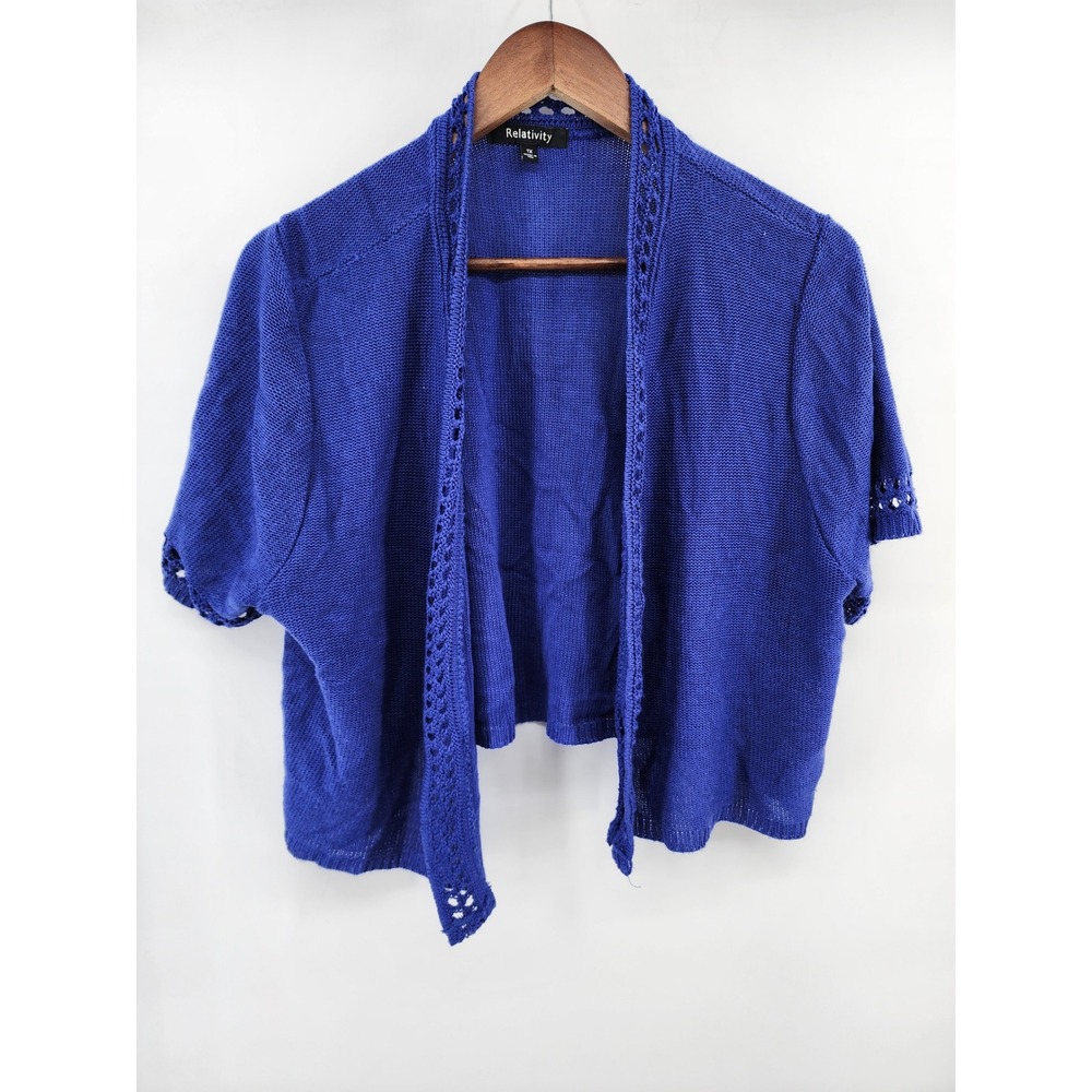 Relativity Women 1X Royal Blue Crochet Trim Open Front Short Sleeve Cardigan USA